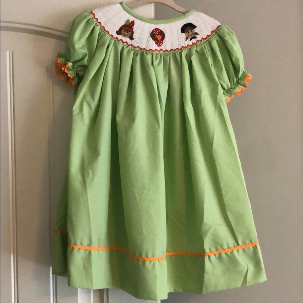 Green and white-Smocked Thanksgiving dress